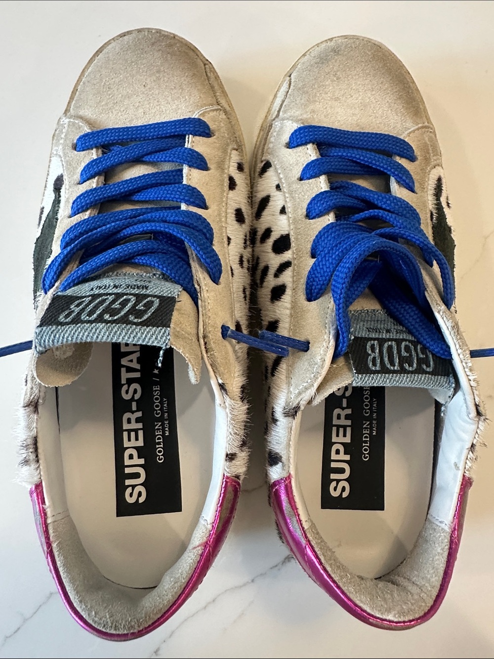 Golden Goose Superstar Dalmatian-Print Sneakers with Blue Laces & Pink Heel - Picture 6 of 7